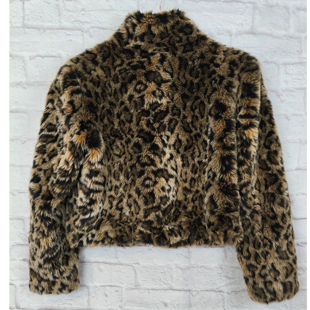Allen B. Allen Schwartz Leopard Faux Fur Crop Jacket Brown Large Mob Wife - Picture 2 of 8